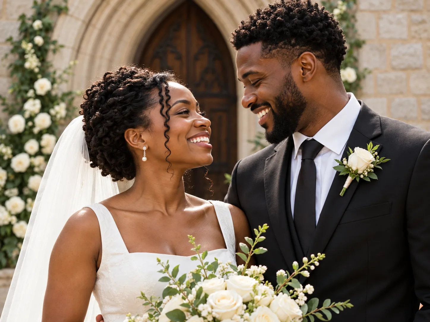 A bride and groom smile at each other outside a stone church framed with white flowers.