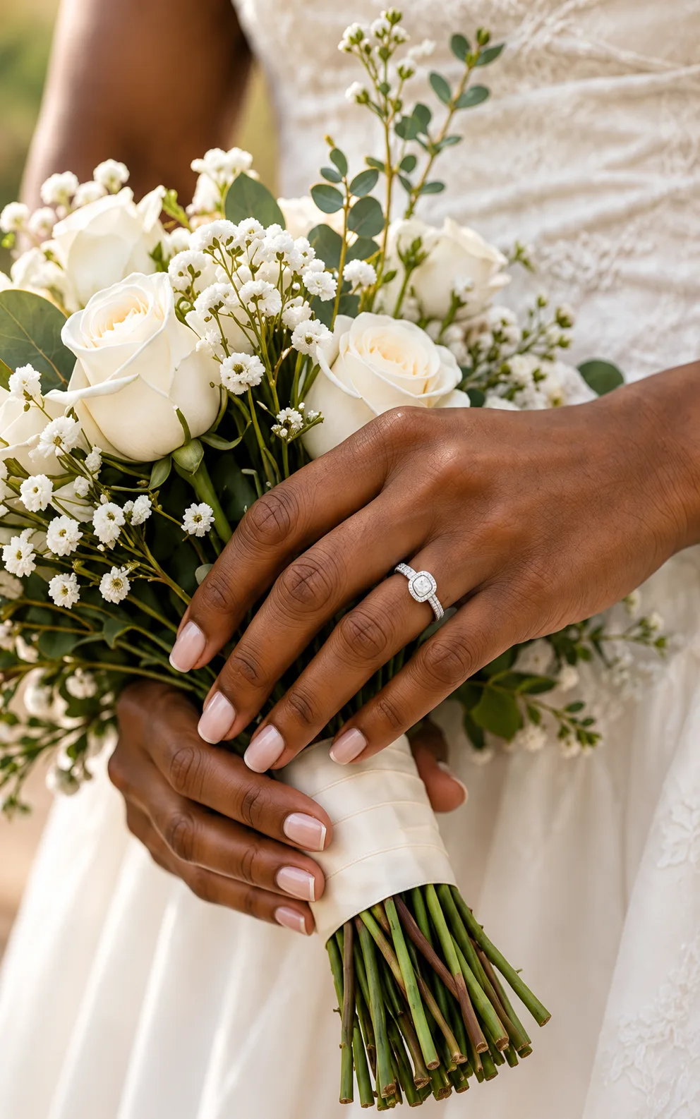 A bride's hands, with her engagement ring, holding a bouquet of white roses.